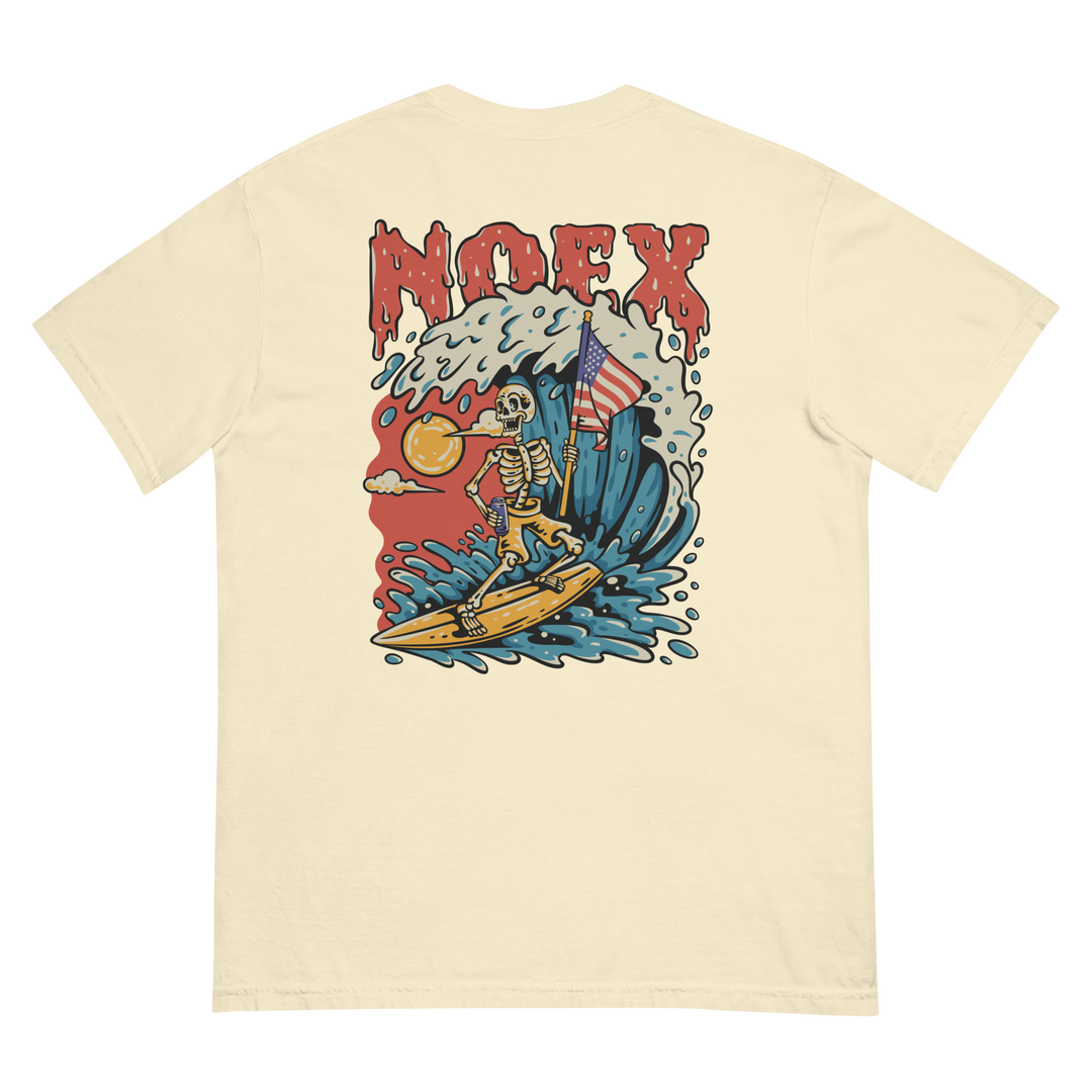 Soft and Durable Comfort Colors short sleeve t-shirt featuring a skeleton surfing with an American flag, part of the No Expectations brand collection Ivory