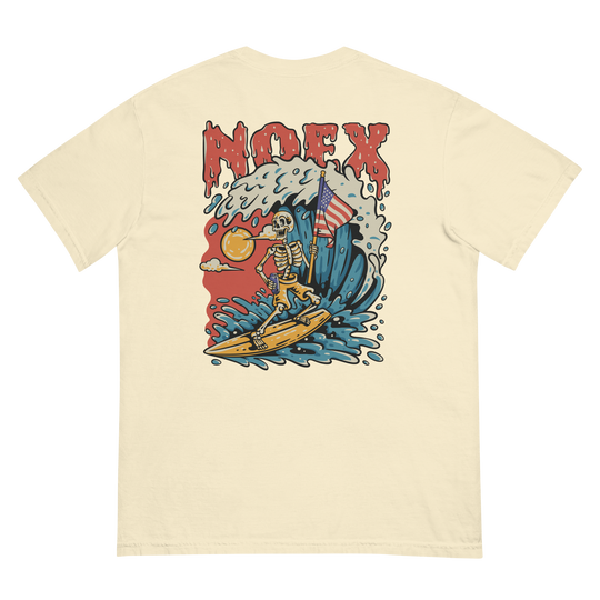 Soft and Durable Comfort Colors short sleeve t-shirt featuring a skeleton surfing with an American flag, part of the No Expectations brand collection Ivory