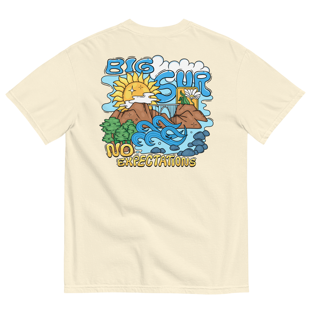 Soft and Durable Comfort Colors short sleeve t-shirt featuring the a design based around Big Sur, part of the No Expectations brand collection Ivory