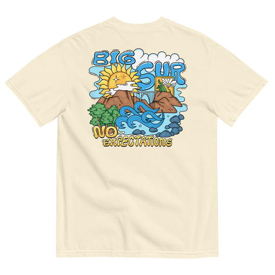 Soft and Durable Comfort Colors short sleeve t-shirt featuring the a design based around Big Sur, part of the No Expectations brand collection Ivory