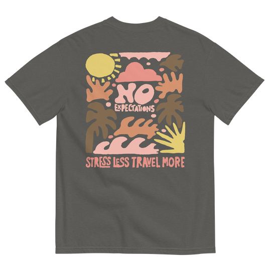 Soft and Durable Comfort Colors short sleeve t-shirt featuring a 'Travel More' design part of the No Expectations brand collection Pepper