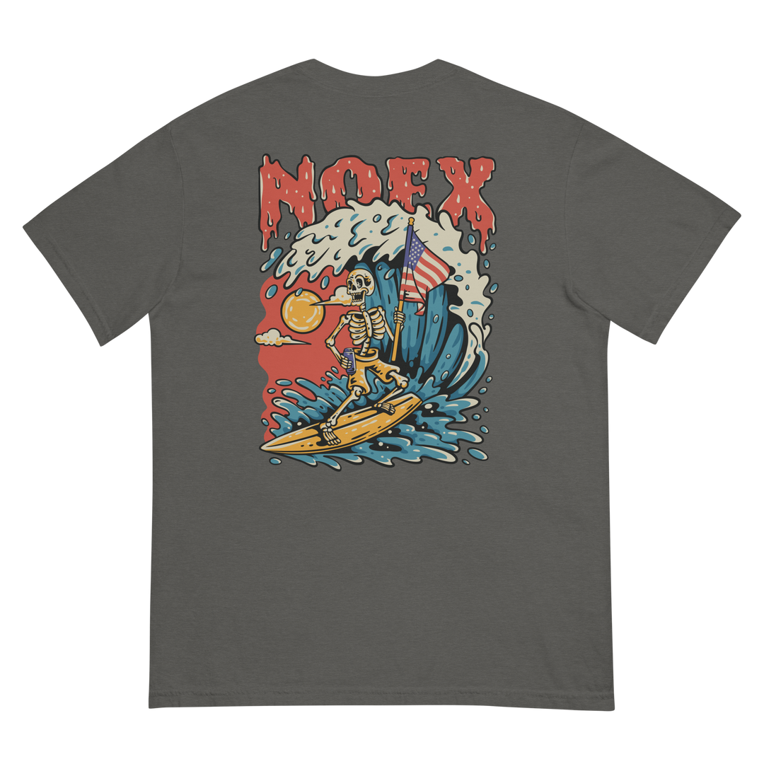 Soft and Durable Comfort Colors short sleeve t-shirt featuring a skeleton surfing with an American flag, part of the No Expectations brand collection Pepper