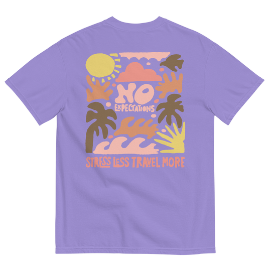 Soft and Durable Comfort Colors short sleeve t-shirt featuring a 'Travel More' design part of the No Expectations brand collection Purple