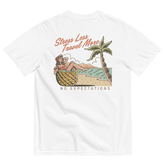 Soft and Durable Comfort Colors short sleeve t-shirt featuring a 'Stress Less - Travel More' design with a Pineapple Girl graphic, part of the No Expectations brand collection White