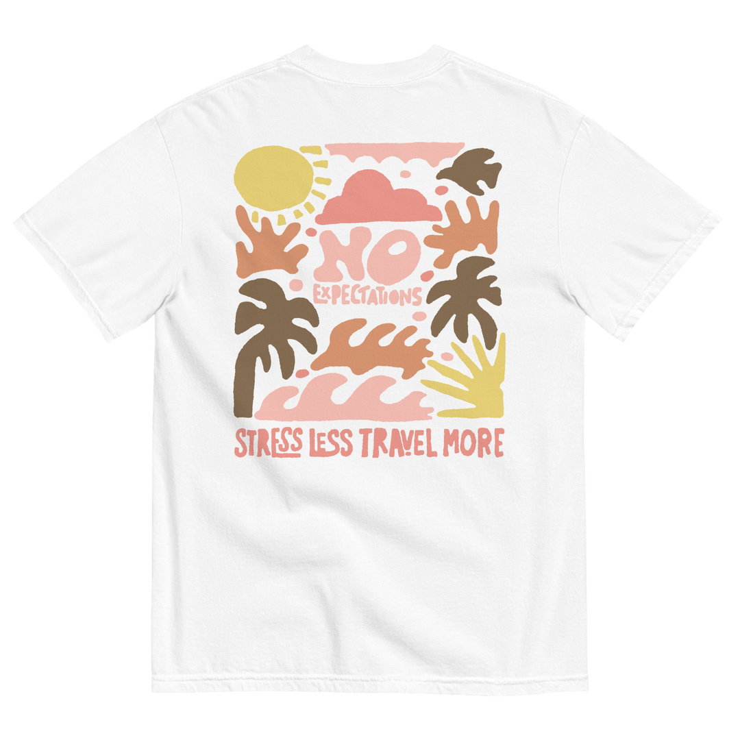 Soft and Durable Comfort Colors short sleeve t-shirt featuring a 'Travel More' design part of the No Expectations brand collection White