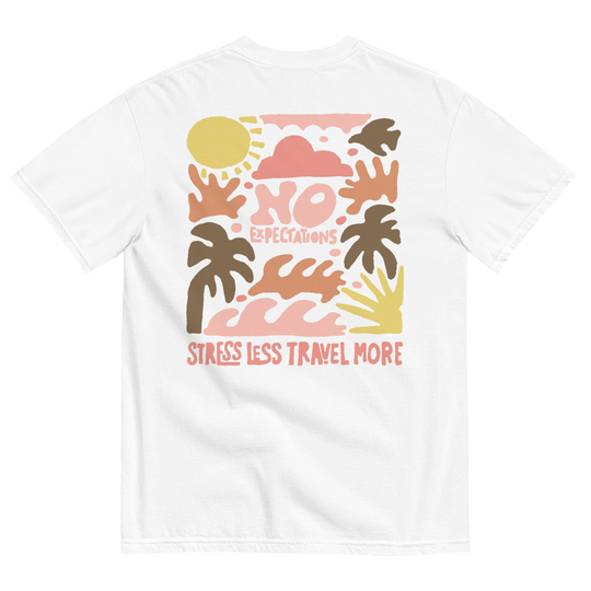 Soft and Durable Comfort Colors short sleeve t-shirt featuring a 'Travel More' design part of the No Expectations brand collection White