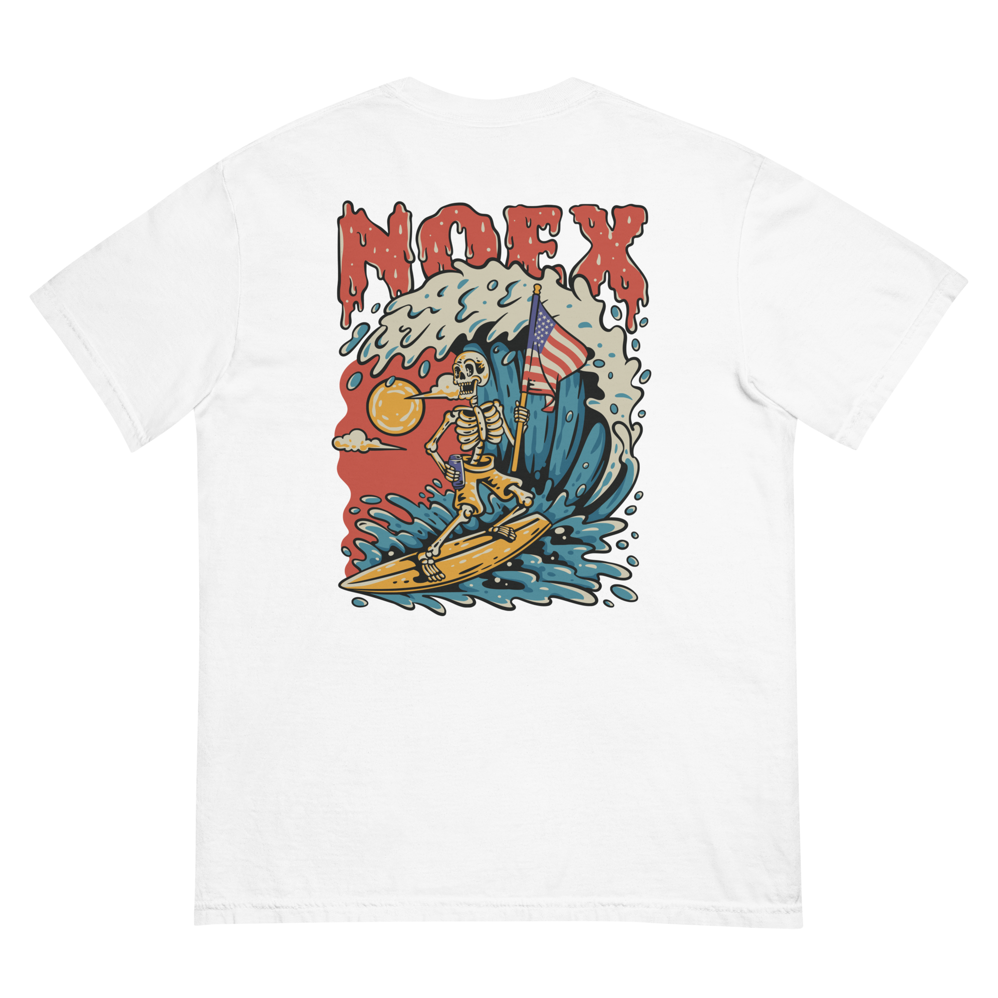 Soft and Durable Comfort Colors short sleeve t-shirt featuring a skeleton surfing with an American flag, part of the No Expectations brand collection White