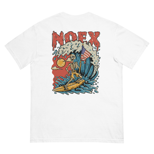 Soft and Durable Comfort Colors short sleeve t-shirt featuring a skeleton surfing with an American flag, part of the No Expectations brand collection White