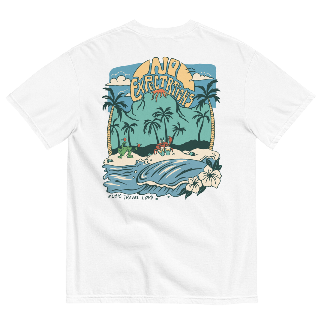 Soft and Durable Comfort Colors short sleeve t-shirt featuring the Island Beats Design part of the No Expectations brand collection White