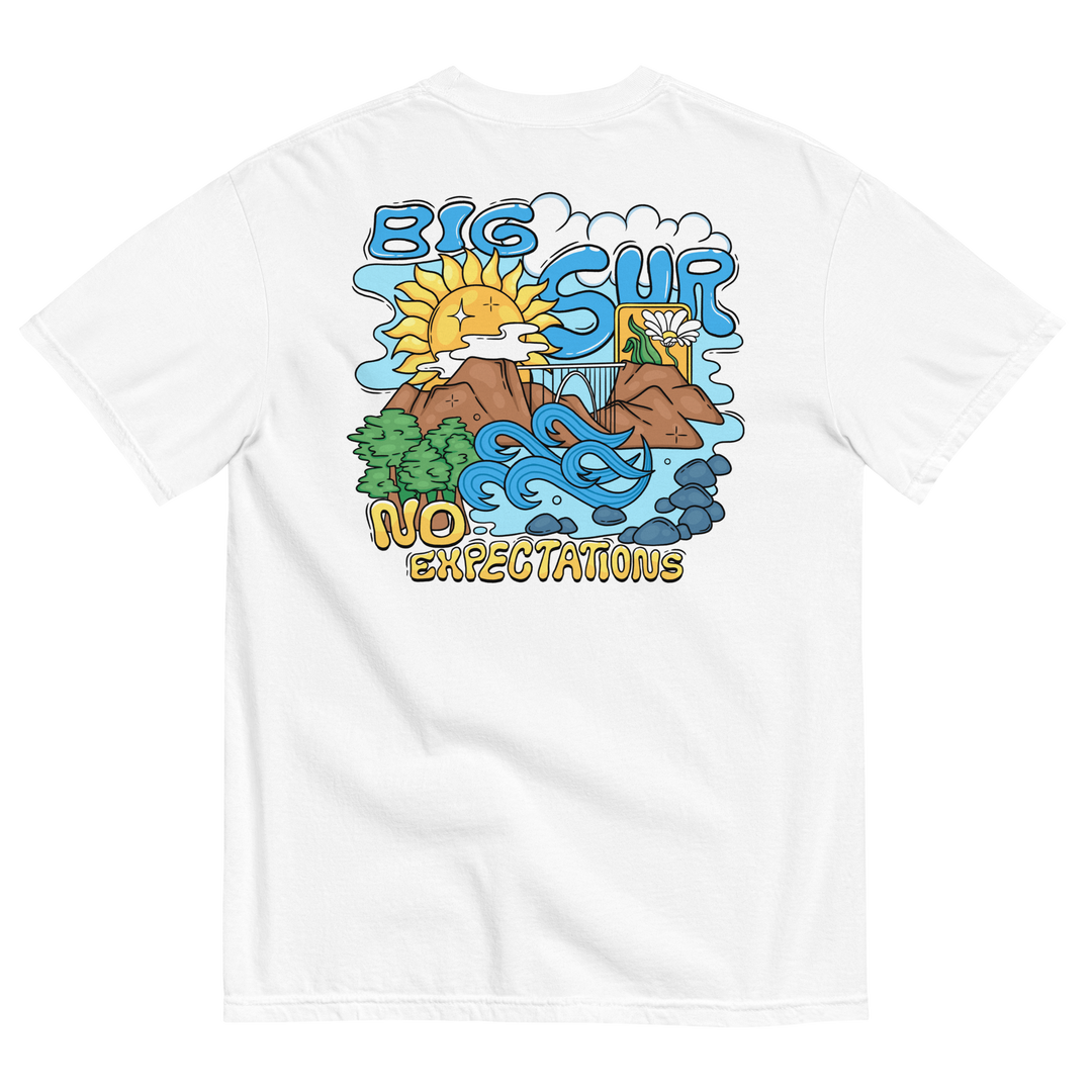 Soft and Durable Comfort Colors short sleeve t-shirt featuring the a design based around Big Sur, part of the No Expectations brand collection White