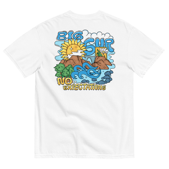 Soft and Durable Comfort Colors short sleeve t-shirt featuring the a design based around Big Sur, part of the No Expectations brand collection White