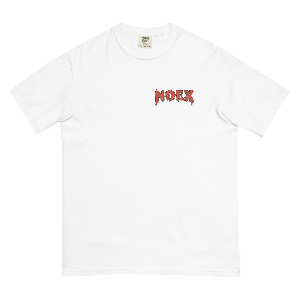 Soft and Durable Comfort Colors short sleeve t-shirt featuring a skeleton surfing with an American flag, part of the No Expectations brand collection White